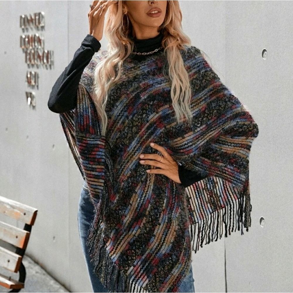 High Neck Fringe Hem Knit Poncho - Picture 3 of 6